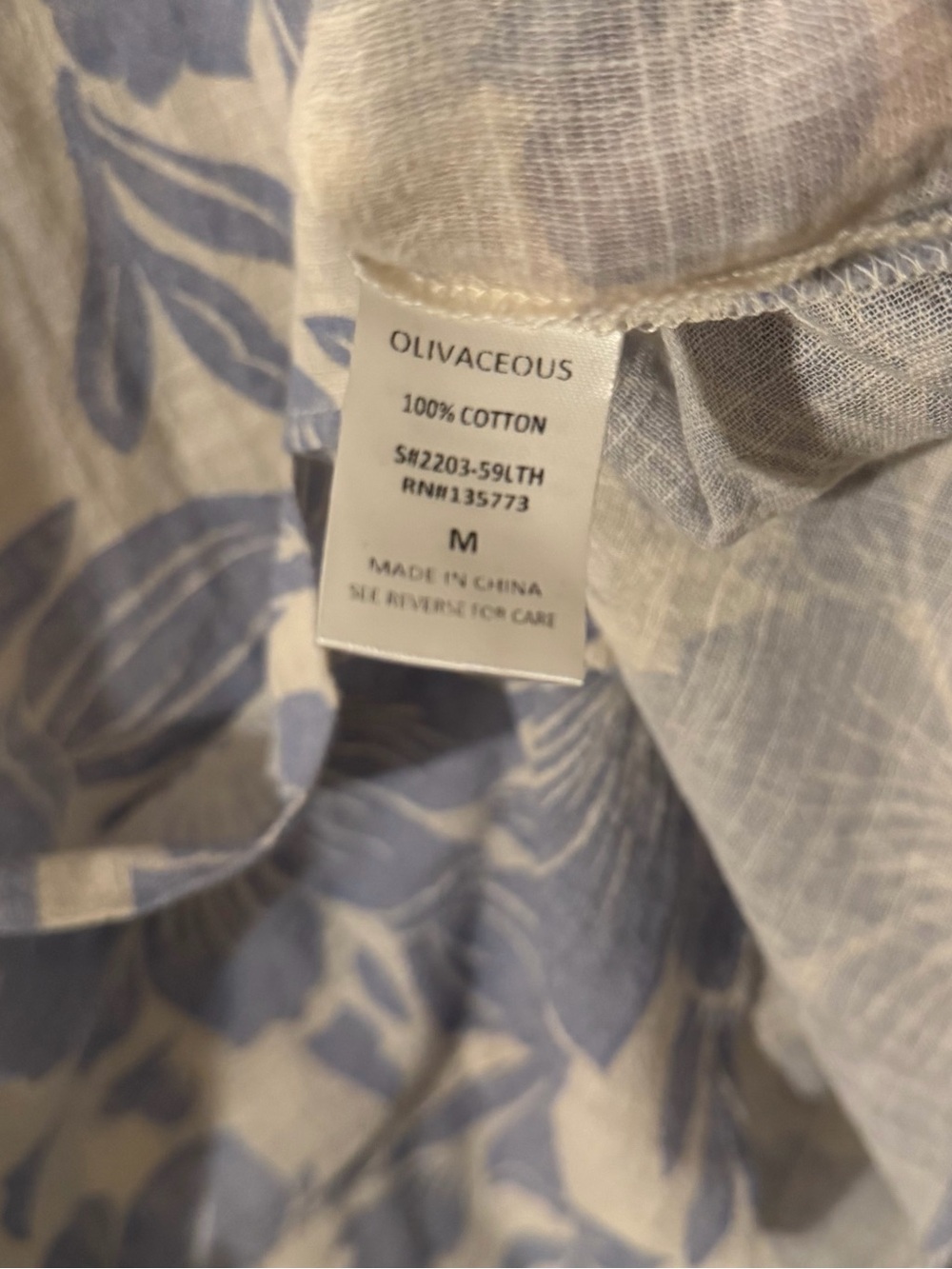 Olivaceous Women’s Blue 100% Cotton Floral Tunic Coverup Size Medium - Picture 10 of 11